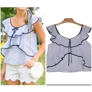 J Crew Womens Crop Top Size 14 Navy White Stripe Tipped Ruffled Layered Coquette